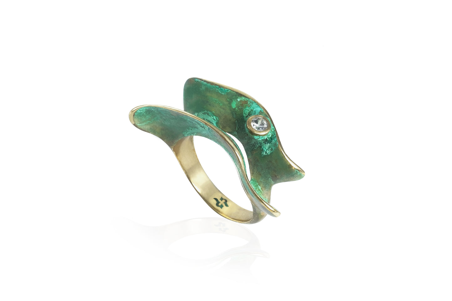 Anello due Onde ottone patina verde e zircone