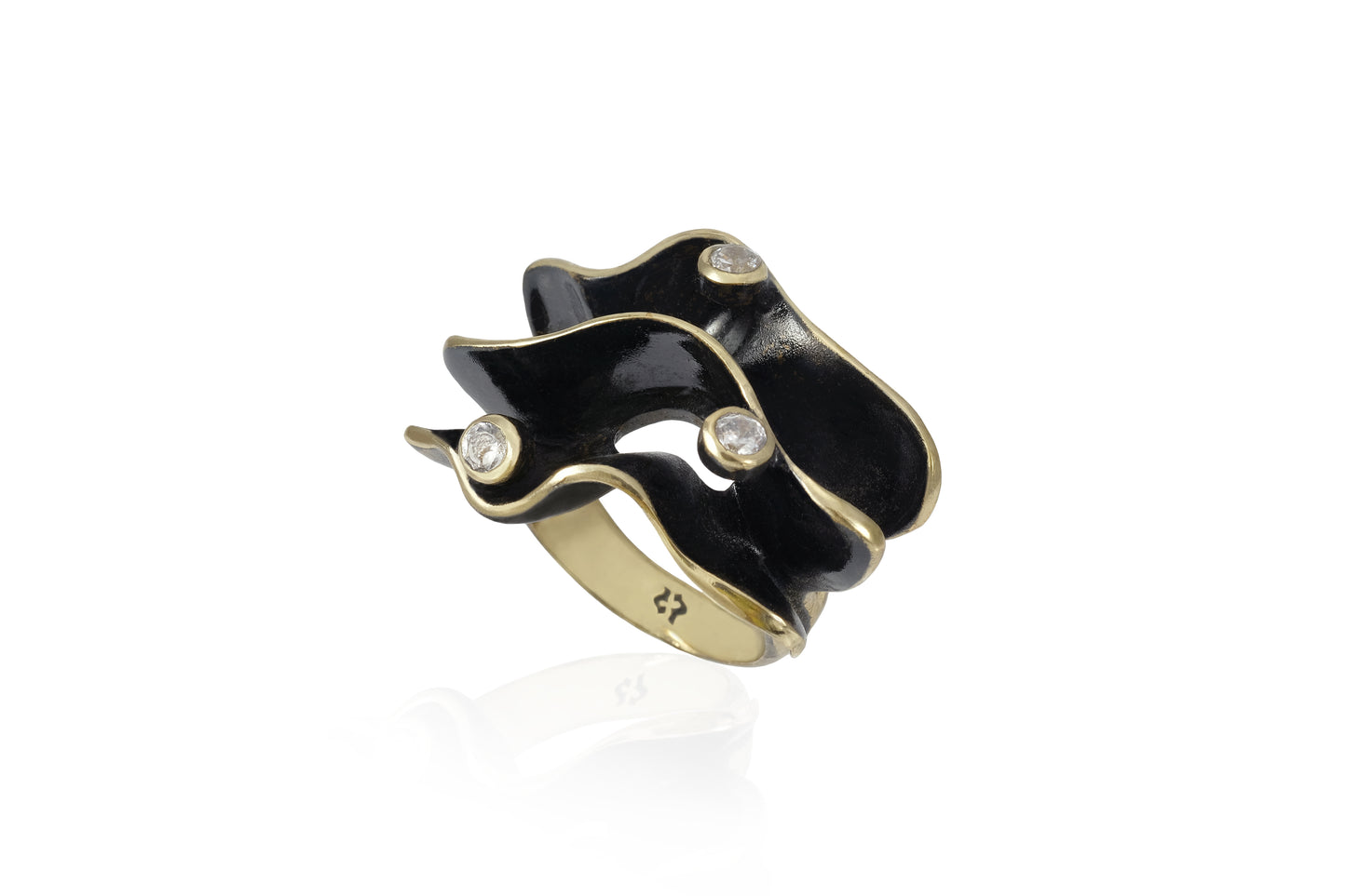 Anello tre Onde ottone brunito e zirconi